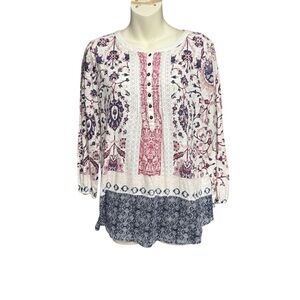 Lucky Brand White Boho Printed Peasant Blouse with Pink and Navy Accents